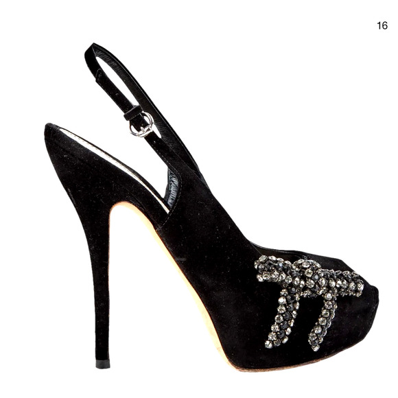 Gucci 7 Platform CRYSTAL BOW Slingback Heels Suede Peeptoe Pumps Rhinestone 38 - Picture 2 of 14
